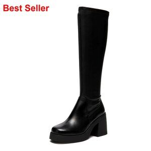 Women's Knee High Boots Square Toe Platform Chunky Heel Stretch Side Zipper